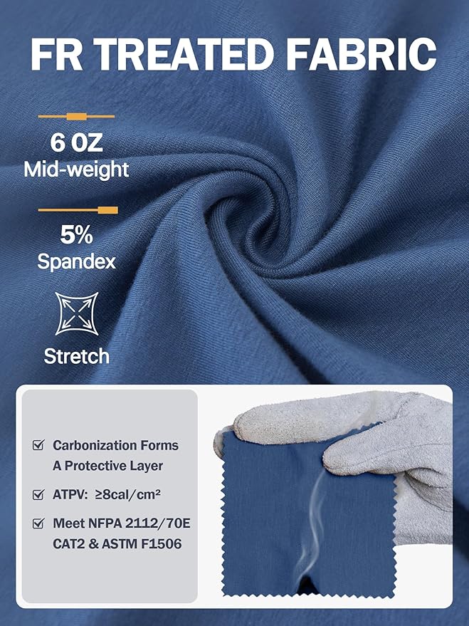 WORKWEYA FR Shirts for Men 6OZ Light Weight Welding Shirts Thumb Hole Stretch Breathable NFPA2112 CAT2 for Summer