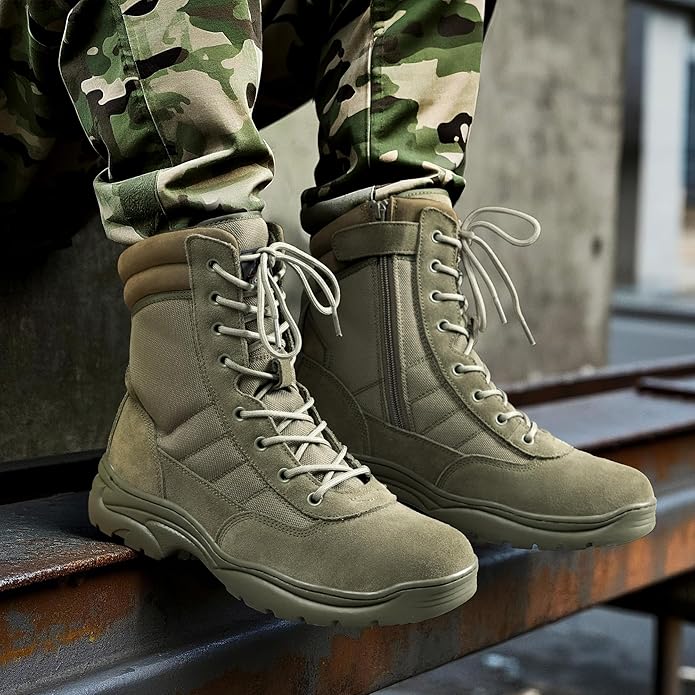 NORTIV 8 Men's Military Tactical Work Boots Side Zipper Leather Motorcycle Combat Boots Trooper