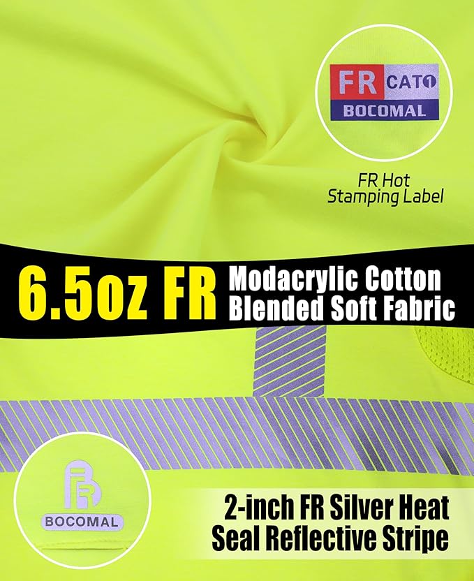 BOCOMAL Reflective FR Shirts High Visibility Summer Vented Mesh Long Sleeve Crewneck Lightweight Flame Resistant Workwear