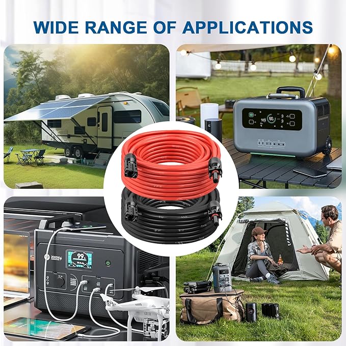 10AWG Solar Extension Cable 100FT – 2 Pack Red & Black PV Wire with Solar Connectors, 84-Strand Tinned Copper, Dual XLPE Insulated, Outdoor UV-Resistant Cable for RV, Inverter, Battery
