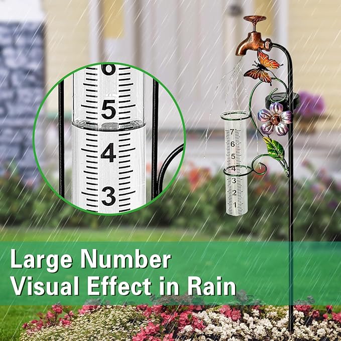 Glass Rain Gauge Outdoor,Solar Lights Faucet Stake with Rain Gauges,Flowing Water LED Lights Stake for Outside,Yard Art,Garden Decor