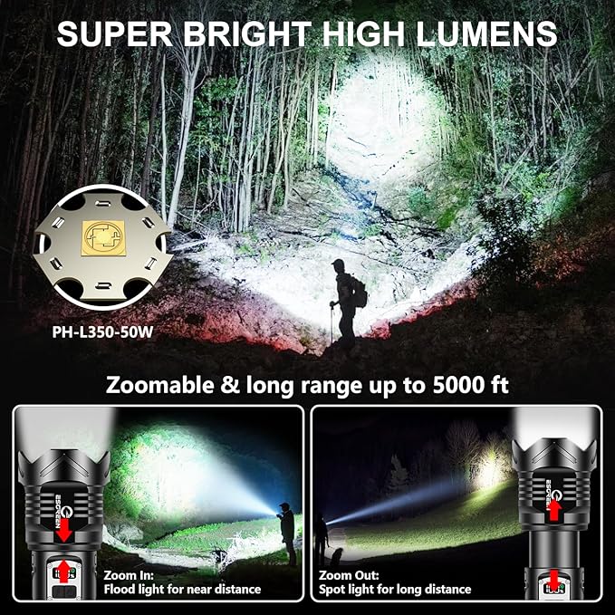 Super Bright Flashlight High Lumens 100000 Rechargeable, Strong 50W LED, Big 8.54” Length, Adjustable 5-Mode, Dual Buttons, Long Lasting 15H, Quick USB C Charge, LCD Display & Output, for Hiking Home