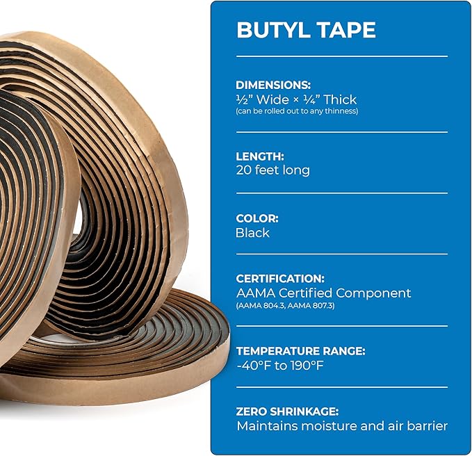 Second Skin Butyl Tape – 20 Roll (20ft x 1/2” x 1/4”) | Black Butyl Sealant Tape for RV, Auto, Marine, Headlight Repair, Window Glazing Tape | Weatherproof & Waterproof, Indoor & Outdoor, Made in USA