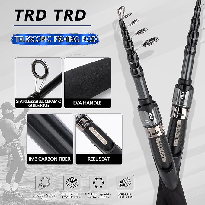 Telescopic Fishing Rod and Reel Combo-IM6 Carbon Fiber Collapsible Rod with Spinning Reel -CNC Spool, Waterproof - All-in-One Starter Kit with Tackle Box, Lures & Bag for Freshwater/Saltwater