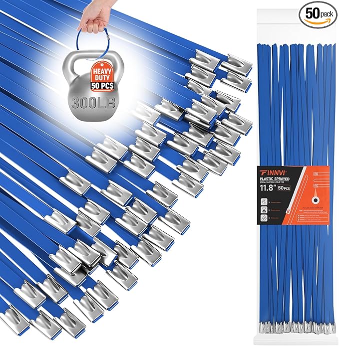 Blue Metal Zip Ties Heavy Duty 11.8 inch for Outdoor Use, Stainless Steel Epoxy Coated Cable Chain Link Fence Zip Ties, Durable Metal Wire Ties Strap UV Resistant