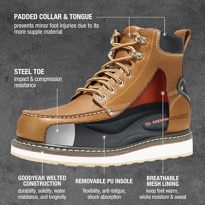 HISEA NINGO Work Boots for Men Steel/Soft Toe Boots,6” Water Resistant Slip Resistant Industrial & Construction Work Shoes, Composite Toe Working Boot