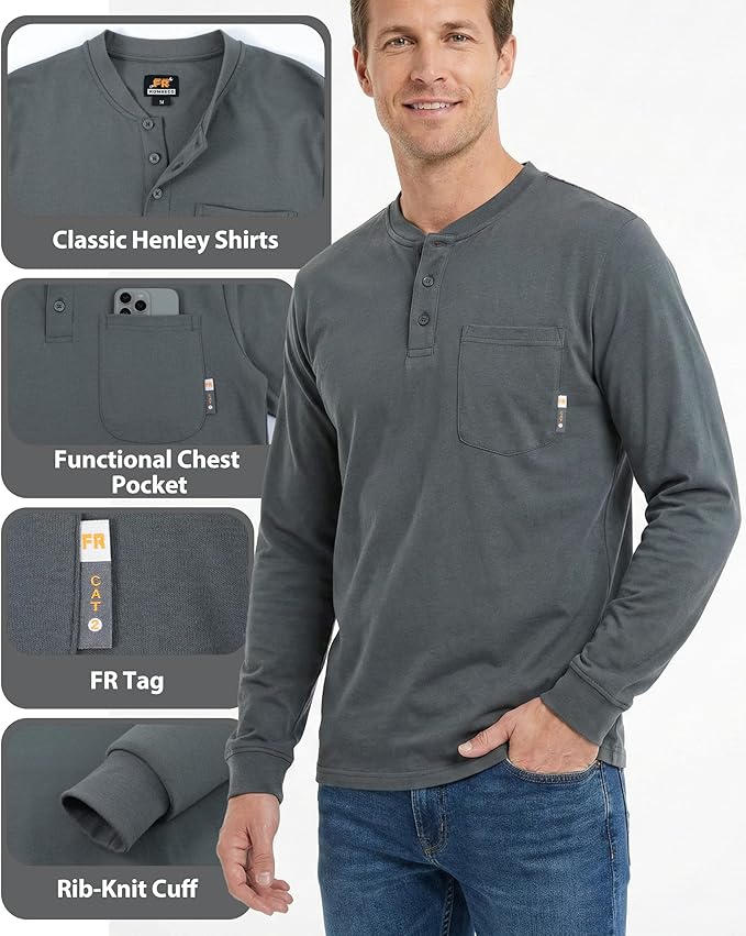KONRECO FR Shirts for Summer Flame Resistant Shirt 5.5oz Light Weight CAT2 Henley Shirts