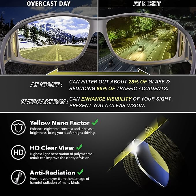 URUMQI Night Vision Driving Glasses Fit Over Eyeglasses for Men Women, Anti Glare Polarized Nighttime Glasses Yellow Lens