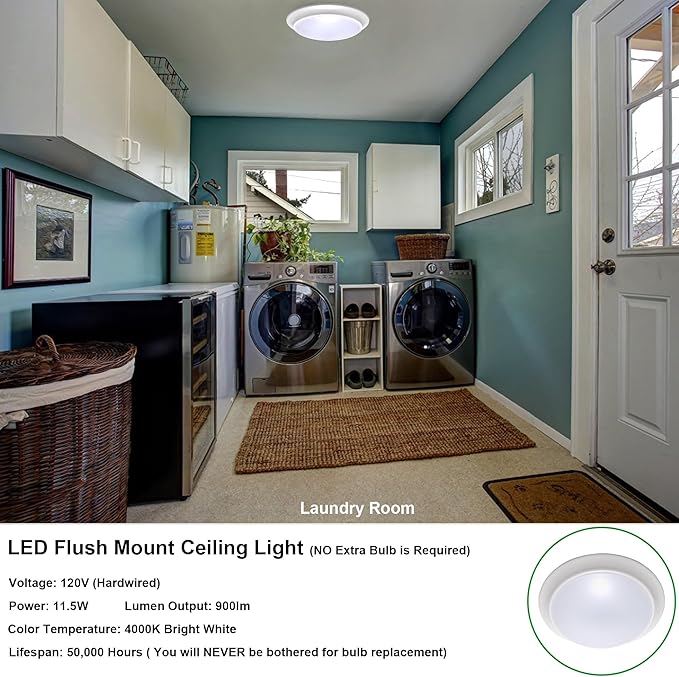 LIT-PaTH LED Flush Mount Ceiling Lighting Fixture, Dimmable 7 Inch 11.5W 900 Lumen, Aluminum Housing Plus PC Cover, Damp Location Rated for Bathroom, 4000K, 2-Pack