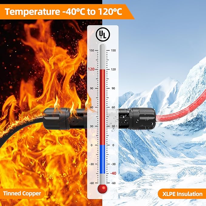 Solar Extension Cable 10 Gauge Panels Wire 6Ft 10AWG (6mm²) PV Wires Tinned Copper Cables with 2 Pairs Solar Connectors for Outdoor Automotive, Marine, (Black&Red)