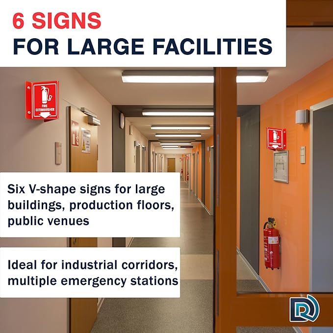 6 PC Fire Extinguisher Signs, 6 Inch Fire Extinguisher Two-Sided Acrylic Projecting V-Sign with Down Arrow, Including Screws