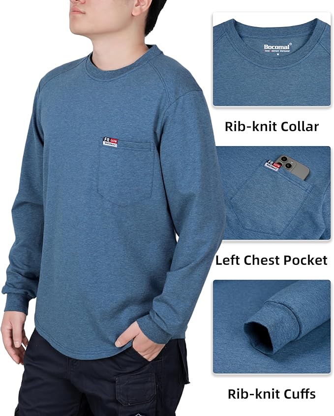 BOCOMAL Men's FR Shirts Long Sleeve Crewneck EX Soft Heather Series 6oz Midweight Flame Resistant Work T Shirt CAT2