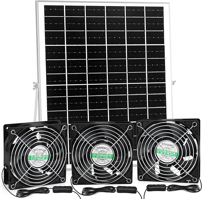 Solar 3 Fan Kit for Intake or Exhaust air, Weatherproofed Solar Powered Fans for Outside Chicken Coops, Greenhouses, Shed, Pet House Air Ventilation