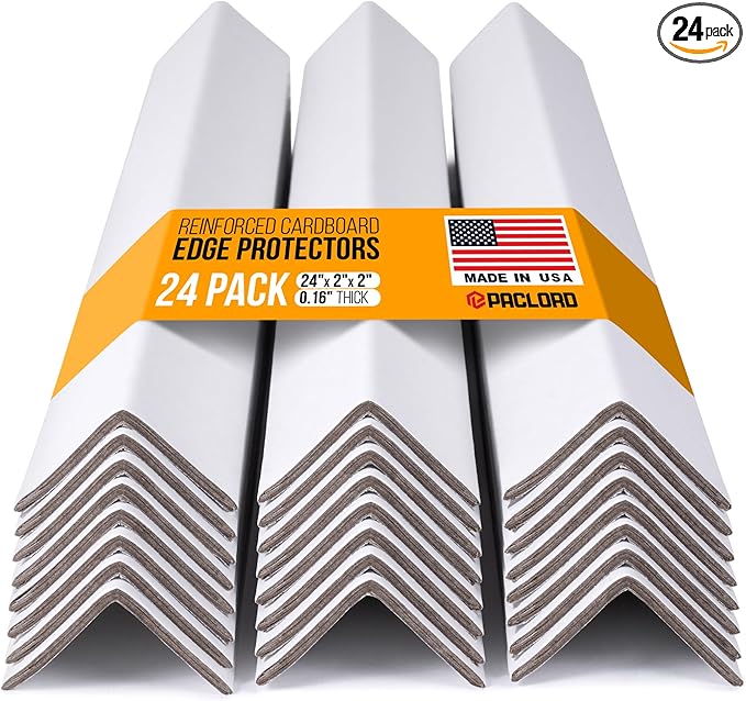 24" x 2" x 2" Reinforced Cardboard Edge Protectors, White (Pack of 24) – 0.16" Thick Heavy-Duty Cardboard Corner Protectors for Shipping – American Quality V-Board Pallet Edge Protectors