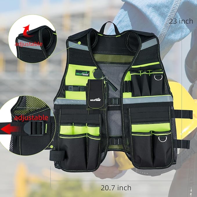MELOTOUGH Tool Vest Reflective Safety Tool Vest with Removable Phone Holder,Retractable Pen Holder for Electrician,Carpenters,Construction(Lime)