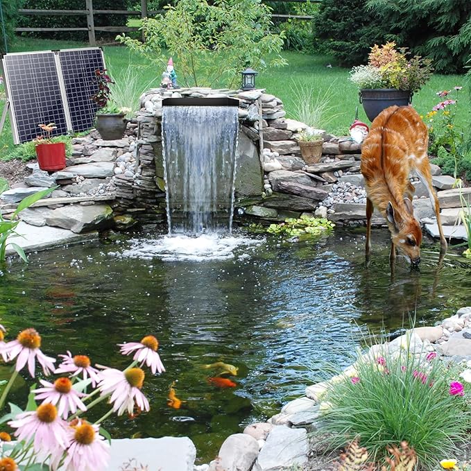 POPOSOAP 70W Solar Water Pump with Pond Waterfall Kit, 304 Stainless Steel Pond Waterfall Spillway, Pond Spillway with 9.8FT Corrugated Tubing for Garden Water Features-P5703