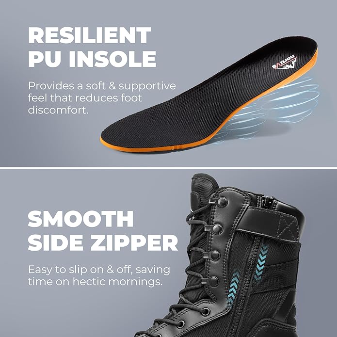 NORTIV 8 Men's 8" Composite Toe Work Boots, Lightweight Side Zipper ASTM F2412-24 & ASTM F2913-24 Safety Military Boots for All-Day Comfort, Peakforce-Nano