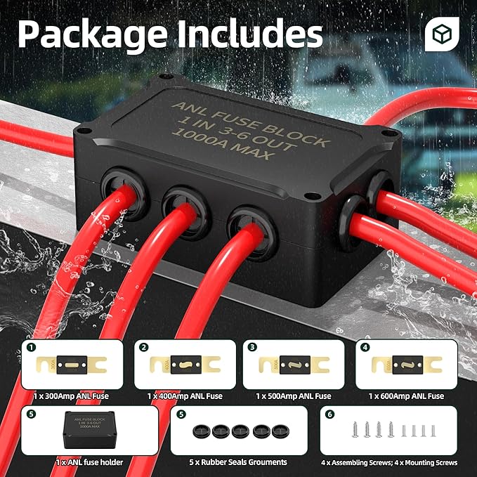 ANL Fuse Holder Max 1000A 1 in 6 Out Waterproof Anl Fuse Block with 5 x 5/16" Studs Dual Fuse Holder with 300 Amp, 400 Amp, 500 Amp and 600 Amp ANL Fuses for Marine Automotive Car Truck Boat