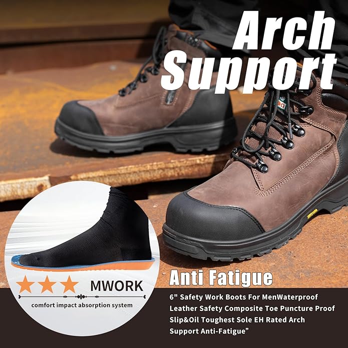 MWORK 6" Safety Work Boots For Men Waterproof ASTM F2413-18 Composite Toe Puncture Proof EH Rated Non Slip YKK Zipper Side Industrial & Construction Chairman MW2302