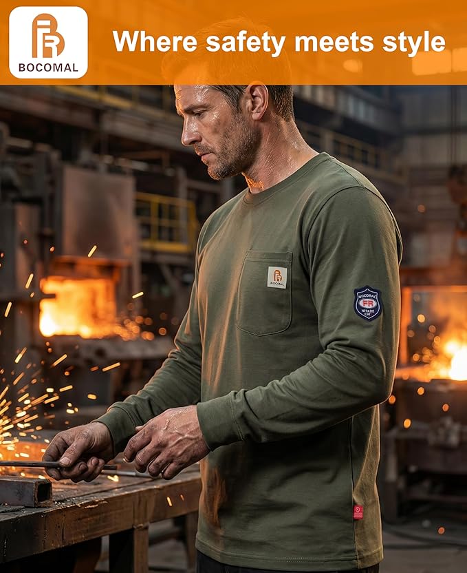 BOCOMAL FR Shirts Crewneck 7oz Midweight Flame Resistant Clothing NFPA2112 CAT2 Men's Fire Retardant Work Shirt