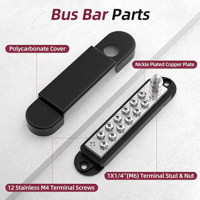 Marine Bus Bar 12V 150A Power Distribution Block 1/4" Stud & 12 x #8 Terminal Screws 12 Volt DC Ground Battery Bus Bar for Boat Automotive Solar