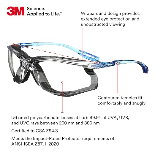 3M Safety Glasses, Virtua CCS, ANSI Z87, Anti-Fog, Clear Lens, Blue Frame, Corded Ear Plug Control System, Removable Foam Gasket, Pack of 1