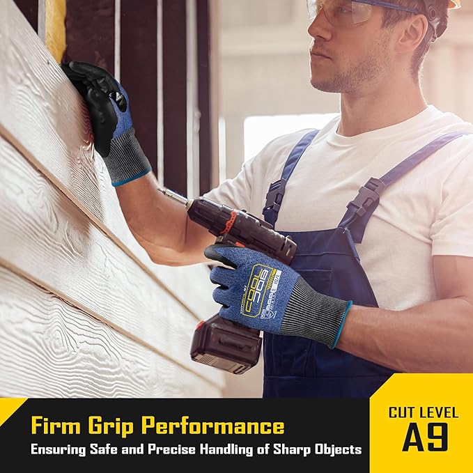 COOLJOB ANSI A9 Cut Resistant Gloves - 1/3 Pairs, Touchscreen Highest Knife Proof Level with Microfoam Nitrile Coated, Safety Work Gloves for Wood Carving, Glass Work, Construction, Blue XS