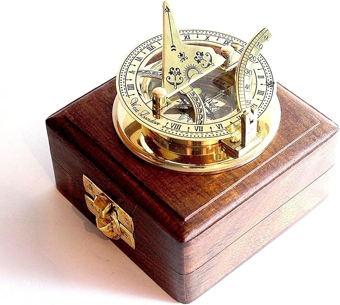 Brass Sundial Compass -Solid Brass Pocket Sundial - West London with Wooden Box Rustic Vintage Home Decor Gifts