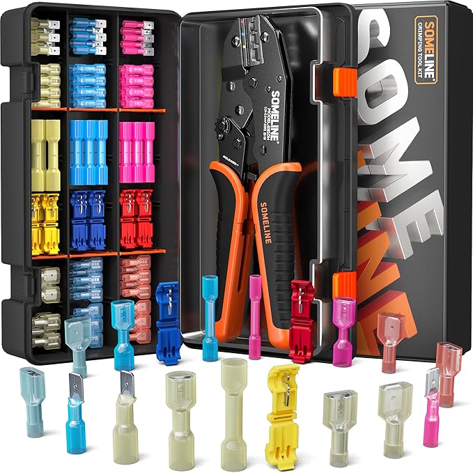 SOMELINE Heat Shrink Connector Crimp Tool Kit, 22-10 AWG Ratchet Crimping Pliers, with 18 Size Marine Grade Heat Shrink Disconnect Terminals and Nylon Disconnect Terminals, Wire Crimping Tool