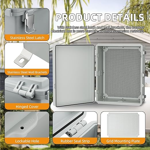 Joinfworld Weatherproof Electrical Box Outdoor Cable Box Enclosure 19.7x15.7x7.9 IP65 PVC Grey Cover Outside Waterproof Enclosure for Electrical Connection