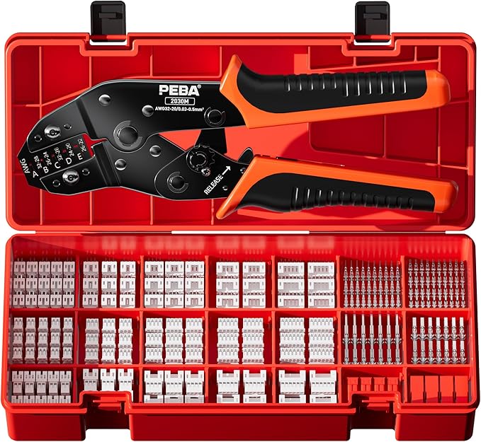 PEBA Crimping Tool and JST Connector Kit - 21 Types of 2.0 mm JST-PH 2/3/4/5/6-Pin Connectors & Crimp Pins, 2.5 mm JST-SYP Housings and Contacts, for DIY Electronics - Suitable for AWG 32-20 Wires