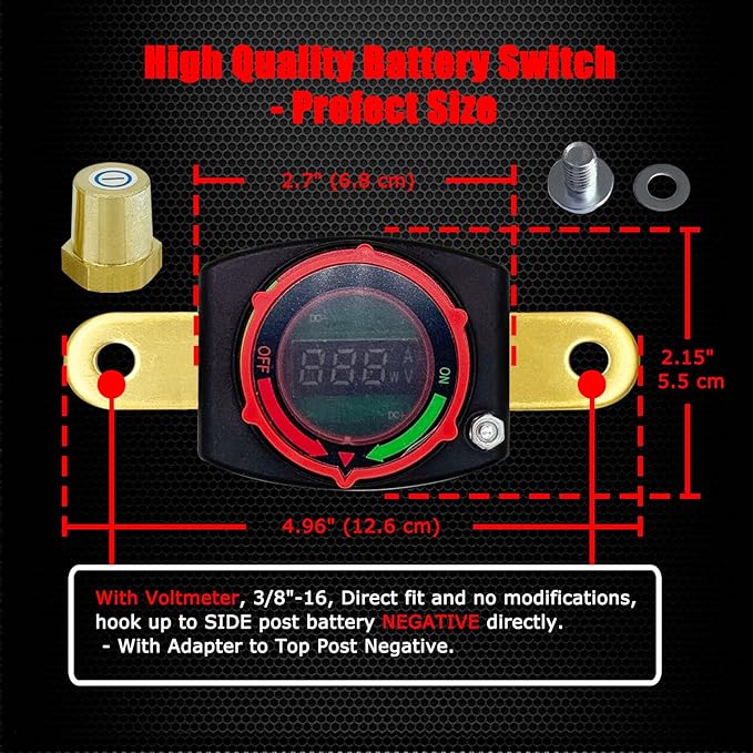 Ampper Battery Disconnect Switch with Voltmeter, 12-48V Battery Cut Off ON/Off Shut Off Switch W/Adapter for Car, RV and More (Side to Top, Negative)