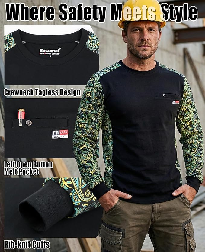 BOCOMAL FR Shirts Crewneck 5.5oz Lightweight Cotton Paisley Camo Two-Tone Flame Resistant Long Sleeve CAT2 Work Shirt