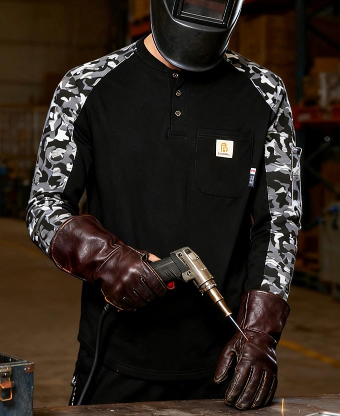 BOCOMAL FR Shirts 6oz Lightweight Flame Resistant Long Sleeve Henley Shirt Fire Retardant Workwear NFPA2112 CAT2