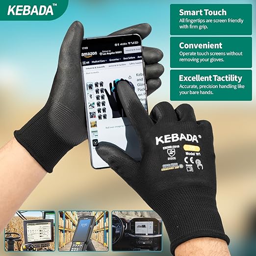 Kebada W1 Work Gloves for Men and Women, PU Coated Safety Gloves with Grip, Touchscreen, Ideal for Warehouse Package Handling, Construction, Gardening, Black Medium