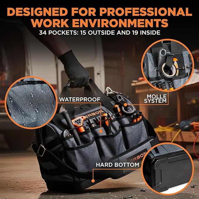 Arbon Electrician Tool Bag – Heavy Duty Organizer with 34 Pockets, Large Storage for Men, 5-Layer Reinforced Walls, Metal Frame, Hard Molded Base, Water Resistant Polyester PP Plastic, Grey, 52+ lb