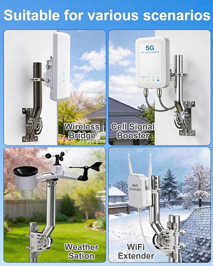 430 Stainless Steel Heavy Duty Antenna Mount, 1-Pack 13 in Three-Screw Locking Pivot J-Pole for Wall, Eave or Roof, 1.38 in OD, for Wireless Bridge, Access Point, Weather Station or Starlink Setups