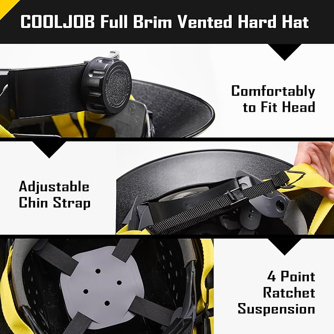 COOLJOB Full Brim Hard Hat, OSHA Construction Work Approved, HDPE Safety Helmet with 4 Point Adjustable Ratchet Suspension, Class E, G & C