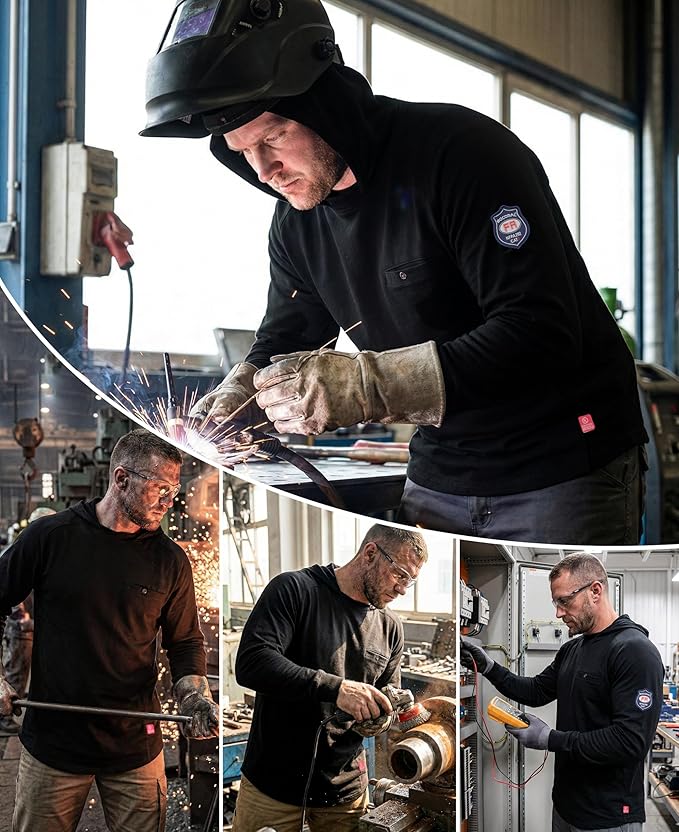 BOCOMAL FR Hooded T Shirts Chest Pocket Fire Resistant Summer Hoodie NFPA2112 CAT2 Flame Retardant FRC Welding Work Shirt