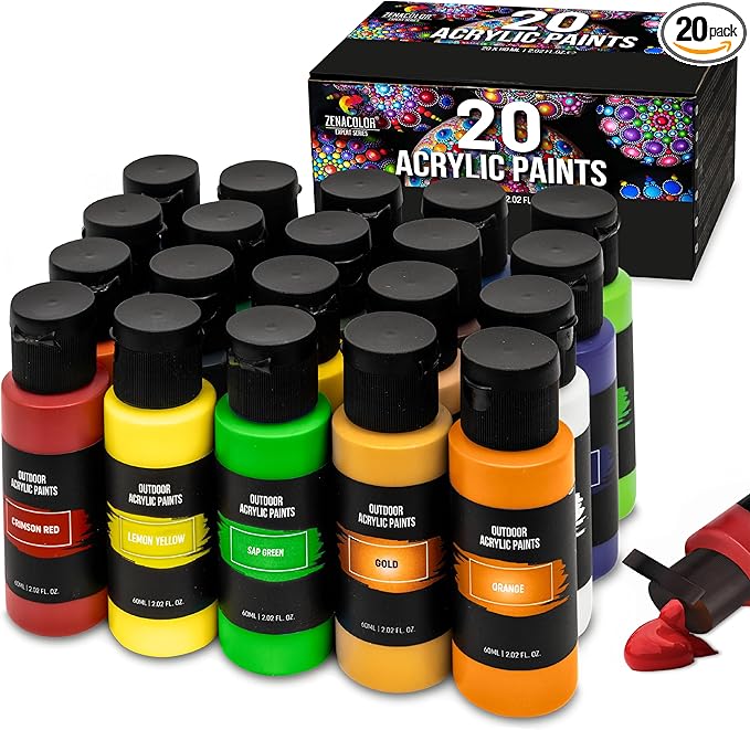 Outdoor acrylic paint set (2 fl oz)- 20 Tubes 2 with Glow in the Dark Effect - Art supplies for Adults - For multiple use- Woods, Leather, Metal & Fabric Paint & Paint for rocks Outdoor/Craft paint