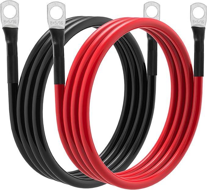 8 AWG Battery Cable 8 Gauge Power Inverter Cables with 5/16 Inch Lugs Both Ends for Solar Boat Marine RV Car 2 Pack (3FT)