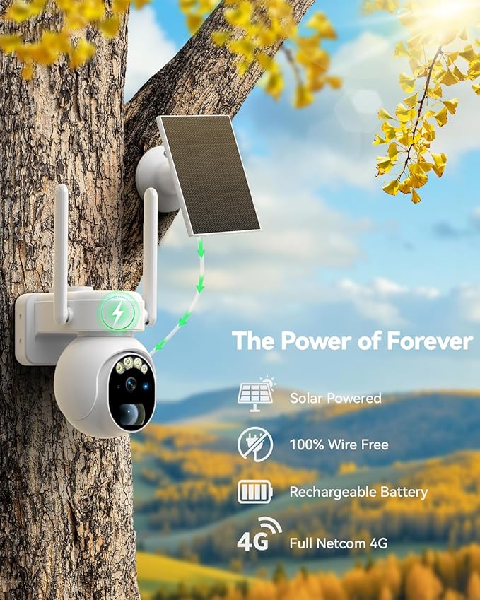 4gLte Cellular Security Camera, No WiFi Security Camera ，360°View PTZ, ABS Fireproof IP65 Waterproof, 2K HD Color Night Vision, Human Tracking, 2-Way Audio