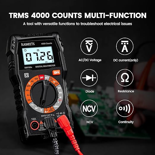 KAIWEETS Digital Multimeter 4000 Counts, Voltage Tester with Accurate Ohm Volt Amp Readings, DC/AC Voltmeter Clearly Measures Resistance Continuity Diode Capacitance NCV for Household and Automotive