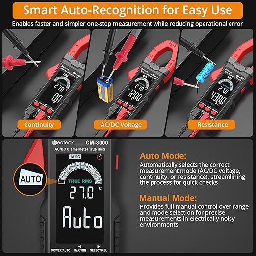 Neoteck Clamp Meter 6000 Counts Clamp Multimeter 800A AC Current Multimeter Auto Selection Color Screen TRMS Voltage,Capacitance,Continuity,Resistance,NCV,Diode,Frequency for Home,Auto,Industrial,HVAC