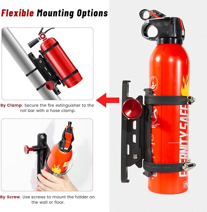 Quick Release Fire Extinguisher Mount with 10 Clamps- Universal Fit Roll Bar & Wall Mount Bracket Holder Adjustable Mounting for UTV Motorcycle Compatible with Jeep Wrangler Polaris RZR Ranger ATV