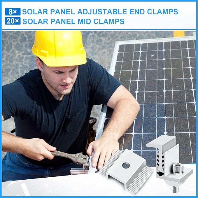 Zhengmy 1.06 Inch Solar Panel Bracket Aluminum Solar Mid Clam with Mounting Brackets 32-50 mm Clamps Adjustable End Panel Clamps(28 Pieces)