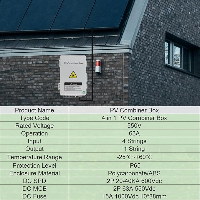 PV Solar Combiner Box with 550V DC Breaker, Enhanced Lightning Protection, and 15A Fuse - Engineered for Reliable Grid-Tied and Off-Grid Applications
