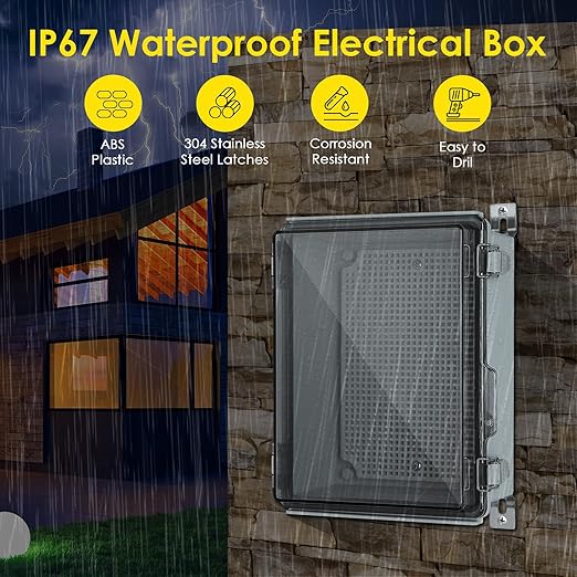 Waterproof Electrical Junction Box Outdoor, IP67 ABS Plastic Weatherproof Electrical Enclosure with Aluminum DIN Rail, Mounting Platem for WiFi Project, Clear (8.7''x6.7''x4.3)