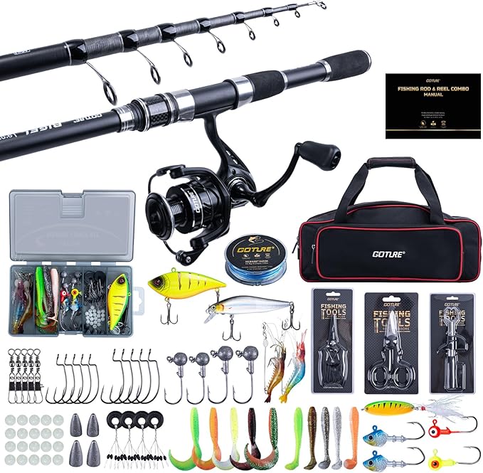 Goture Fishing Rod and Reel Combo, Red Telescopic Fishing Pole with Full Starter Kit & Carrier Bag, Portable 24T Travel Spinning Rod for Bass Trout, Freshwater Beginners Gift