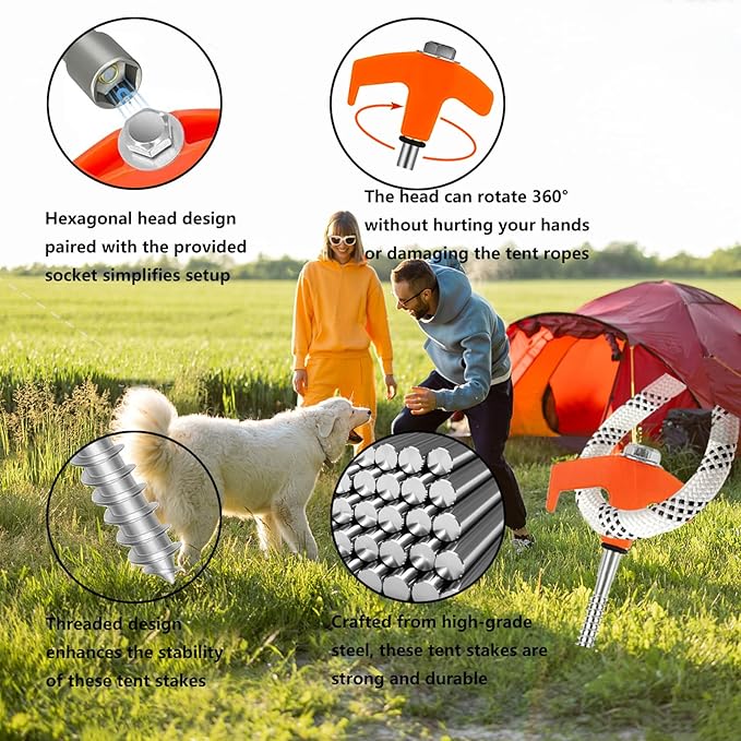 8" Tent Stakes Heavy Duty 12 Pack, Screw in Tent Stakes, Metal Threaded Camping Stakes, Ground Anchors for Canopies, Gardening, Yard Stakes for Inflatables, with Storage Box and Hex Socket